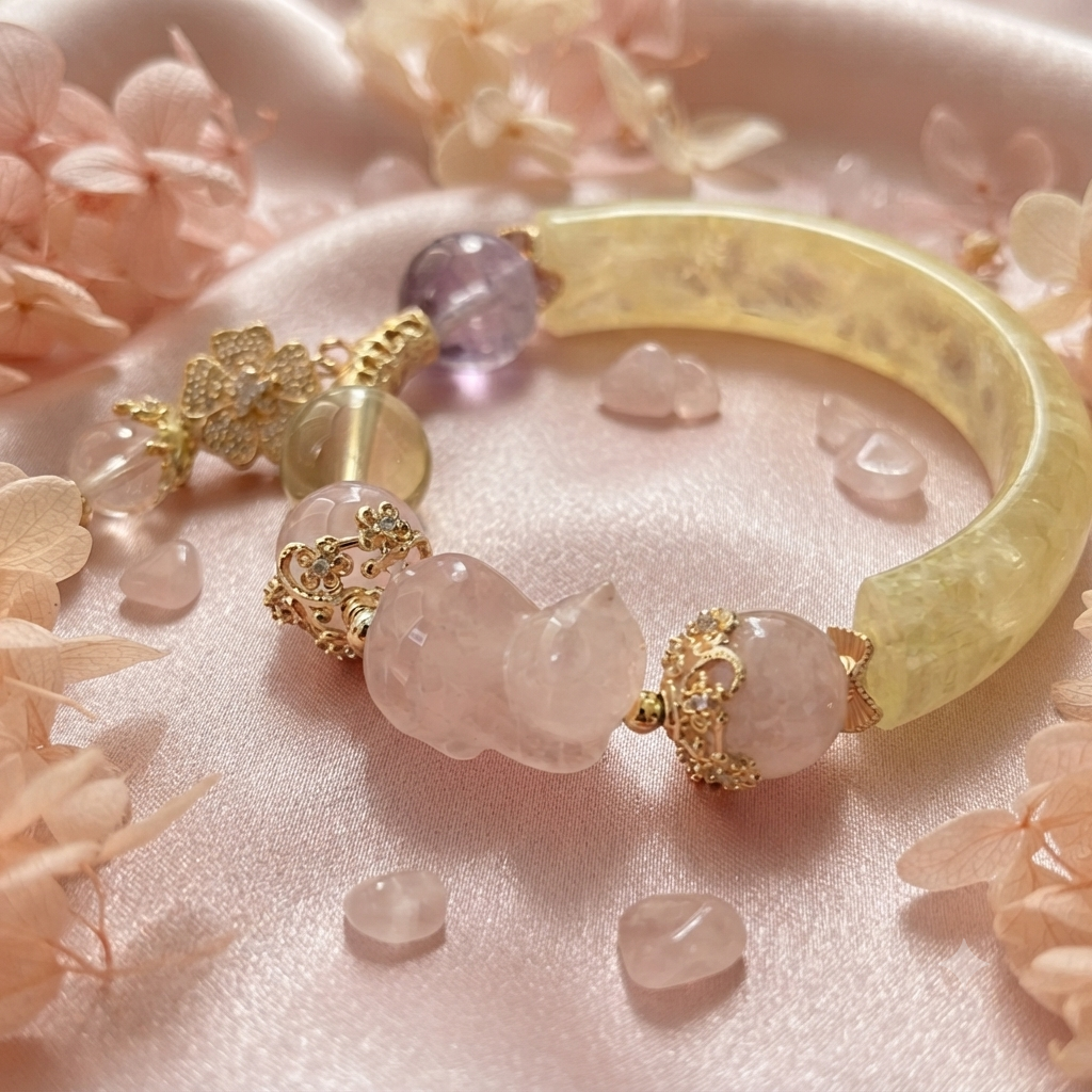 Citrine & Pink Quartz With Amethyst Gemstone Bangle Bracelet
