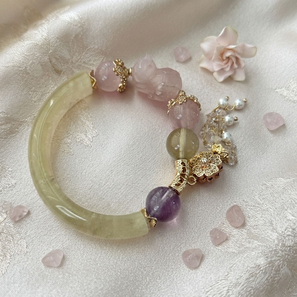 Citrine & Pink Quartz With Amethyst Gemstone Bangle Bracelet