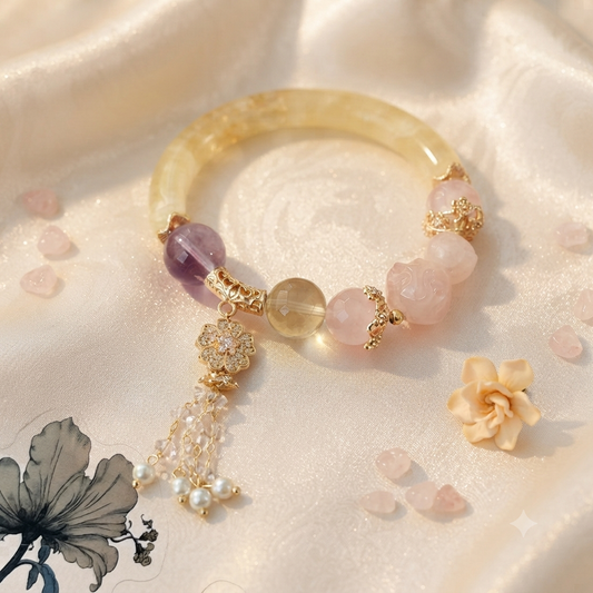 Citrine & Pink Quartz With Amethyst Gemstone Bangle Bracelet