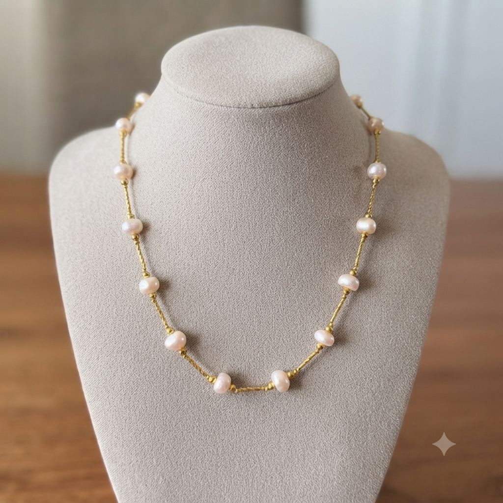 Button pearl gold wire necklace on linen jewelry bust