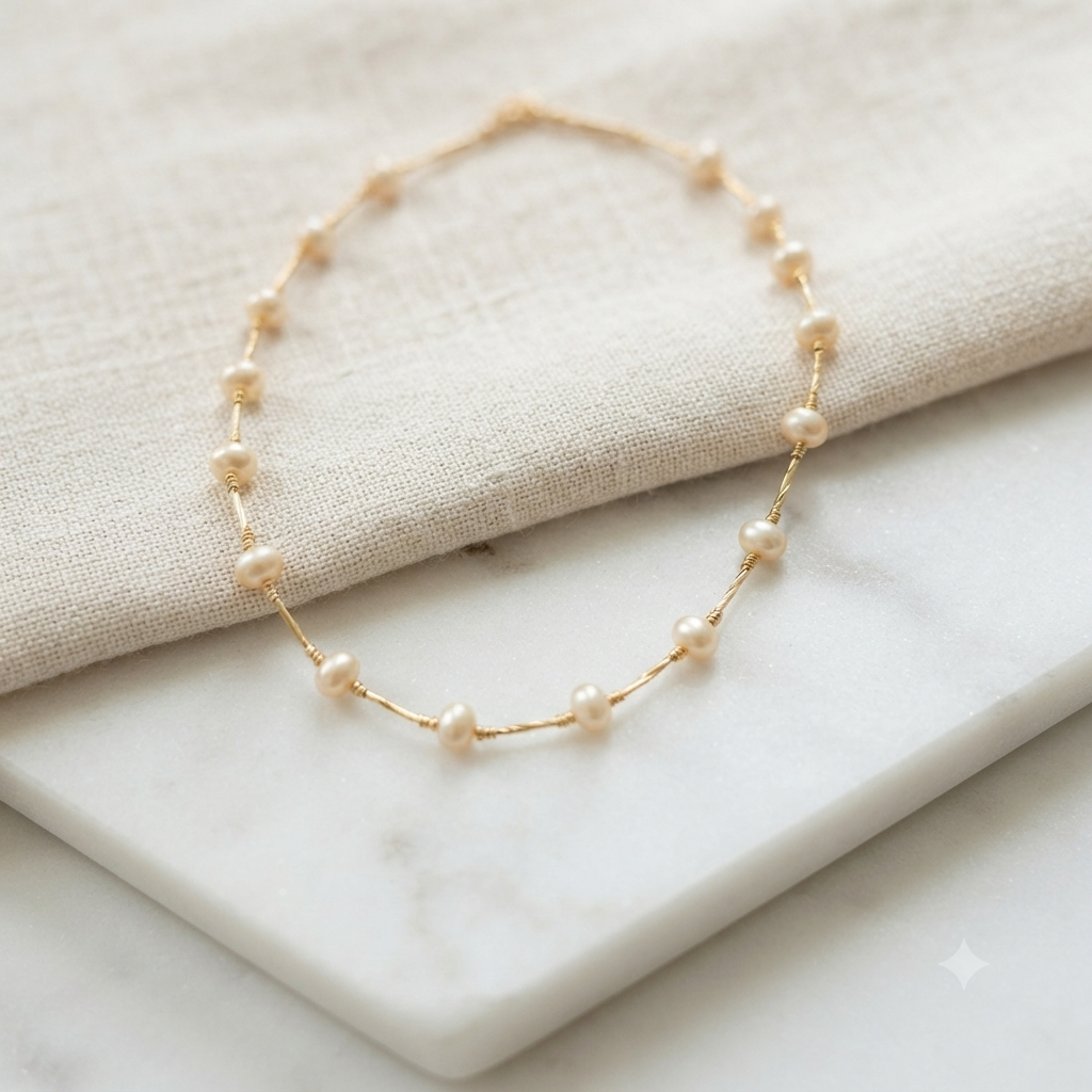 Button pearl necklace laid flat on marble and linen roll