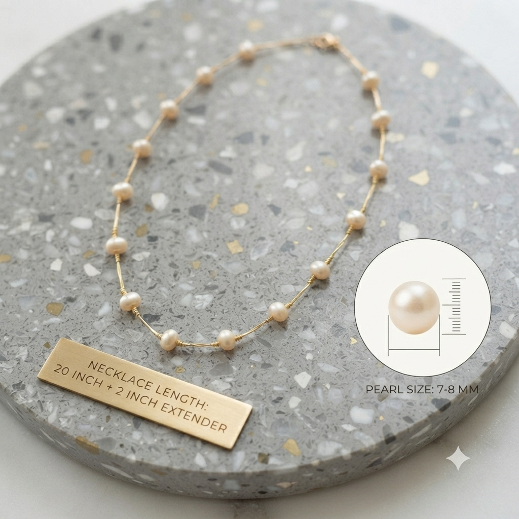 Button pearl necklace on terrazzo stone with size callout showing 20 inch plus 2 inch extender and 7-8mm pearl size