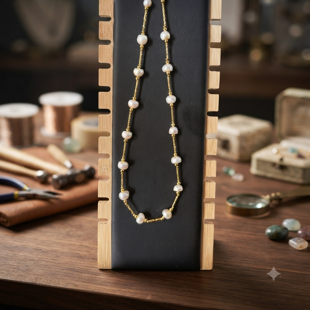 Button pearl necklace hanging on dark wood jewelry display in artisan workshop