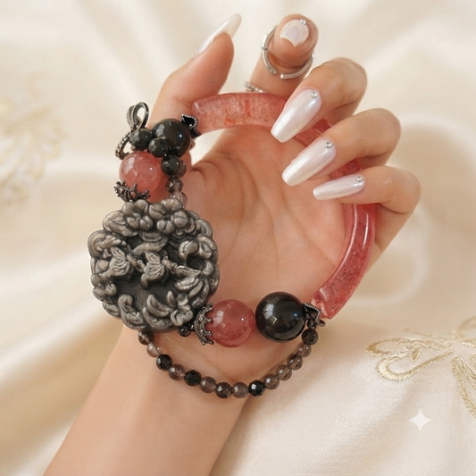 Strawberry Quartz & Silver Obsidian Carved Peony Bangle Set