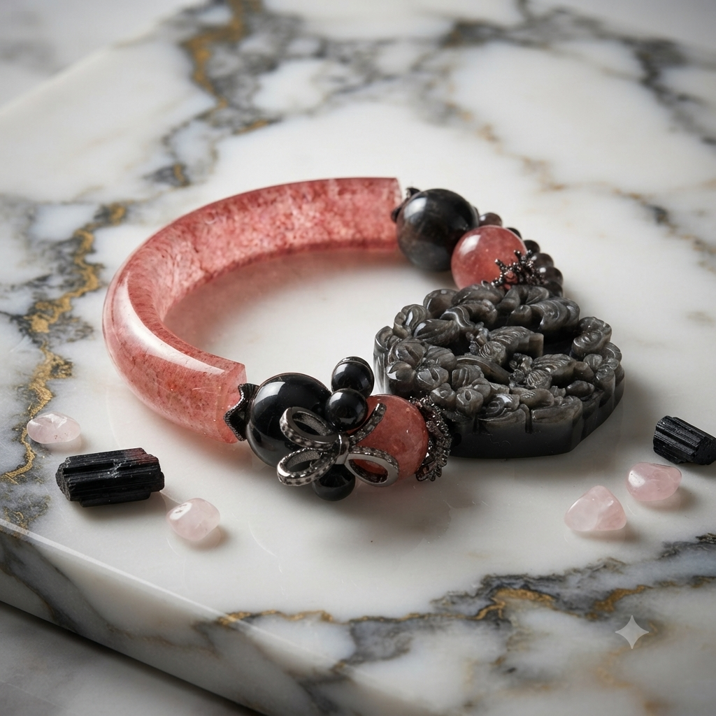 Strawberry Quartz & Silver Obsidian Carved Peony Bangle Set