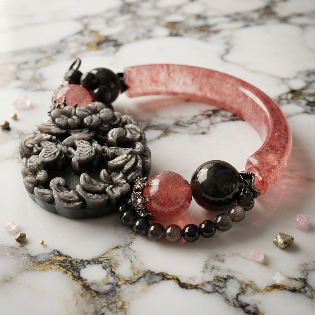 Strawberry Quartz & Silver Obsidian Carved Peony Bangle Set