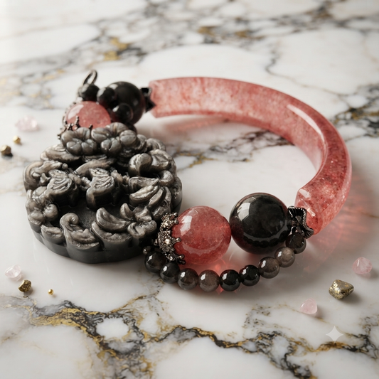 Strawberry Quartz & Silver Obsidian Carved Peony Bangle Set