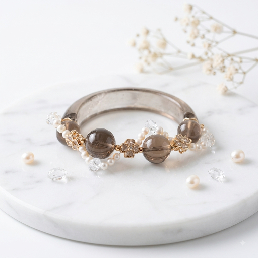 Smoky Quartz & Freshwater Pearl Bangle 14cm 5.5"