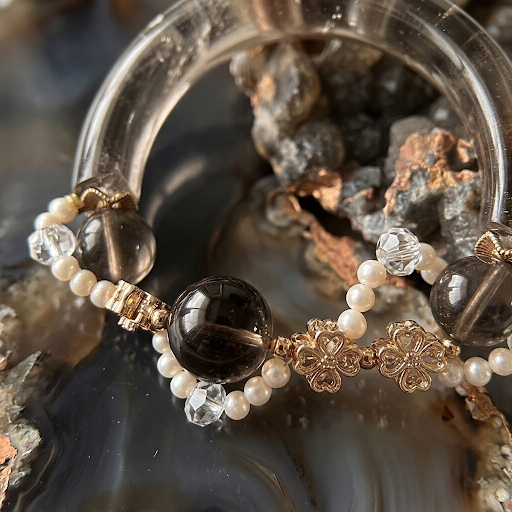 Smoky Quartz & Freshwater Pearl Bangle 14cm 5.5"