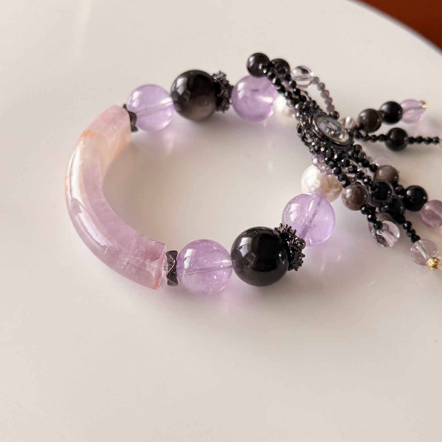 Amethyst, Silver Obsidian & Pearl Bangle 15cm size