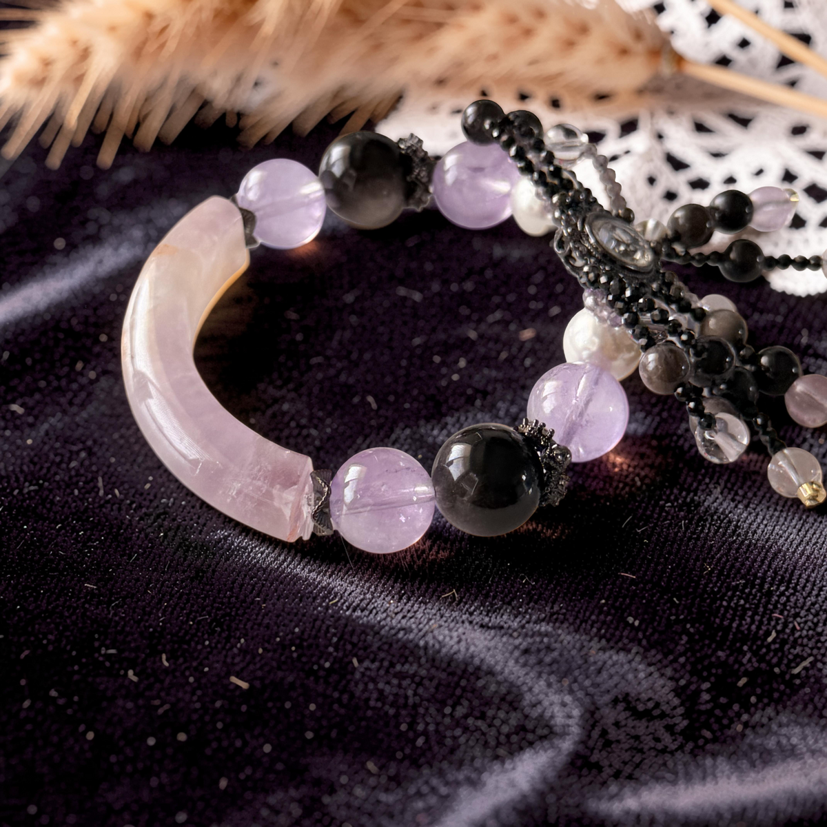 Amethyst, Silver Obsidian & Pearl Bangle 15cm size
