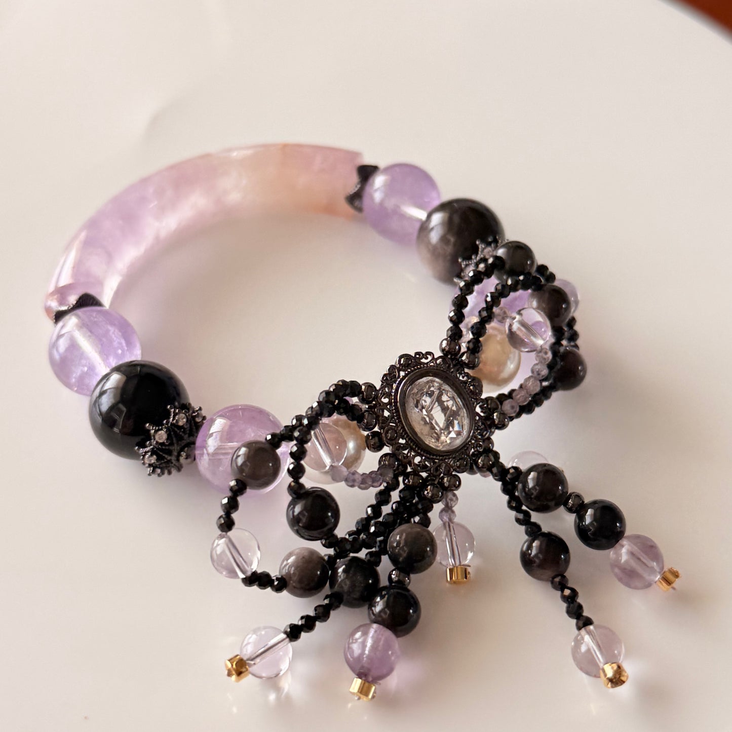 Amethyst, Silver Obsidian & Pearl Bangle 15cm size