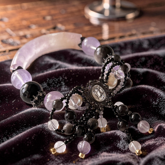 Amethyst, Silver Obsidian & Pearl Bangle 15cm size