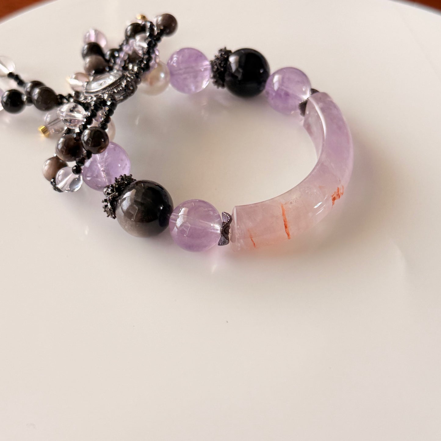 Amethyst, Silver Obsidian & Pearl Bangle 15cm size