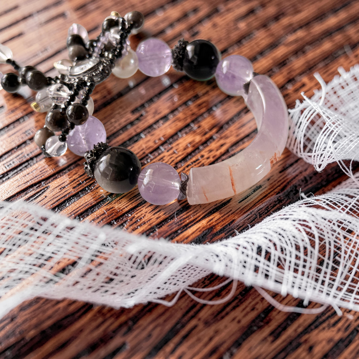 Amethyst, Silver Obsidian & Pearl Bangle 15cm size