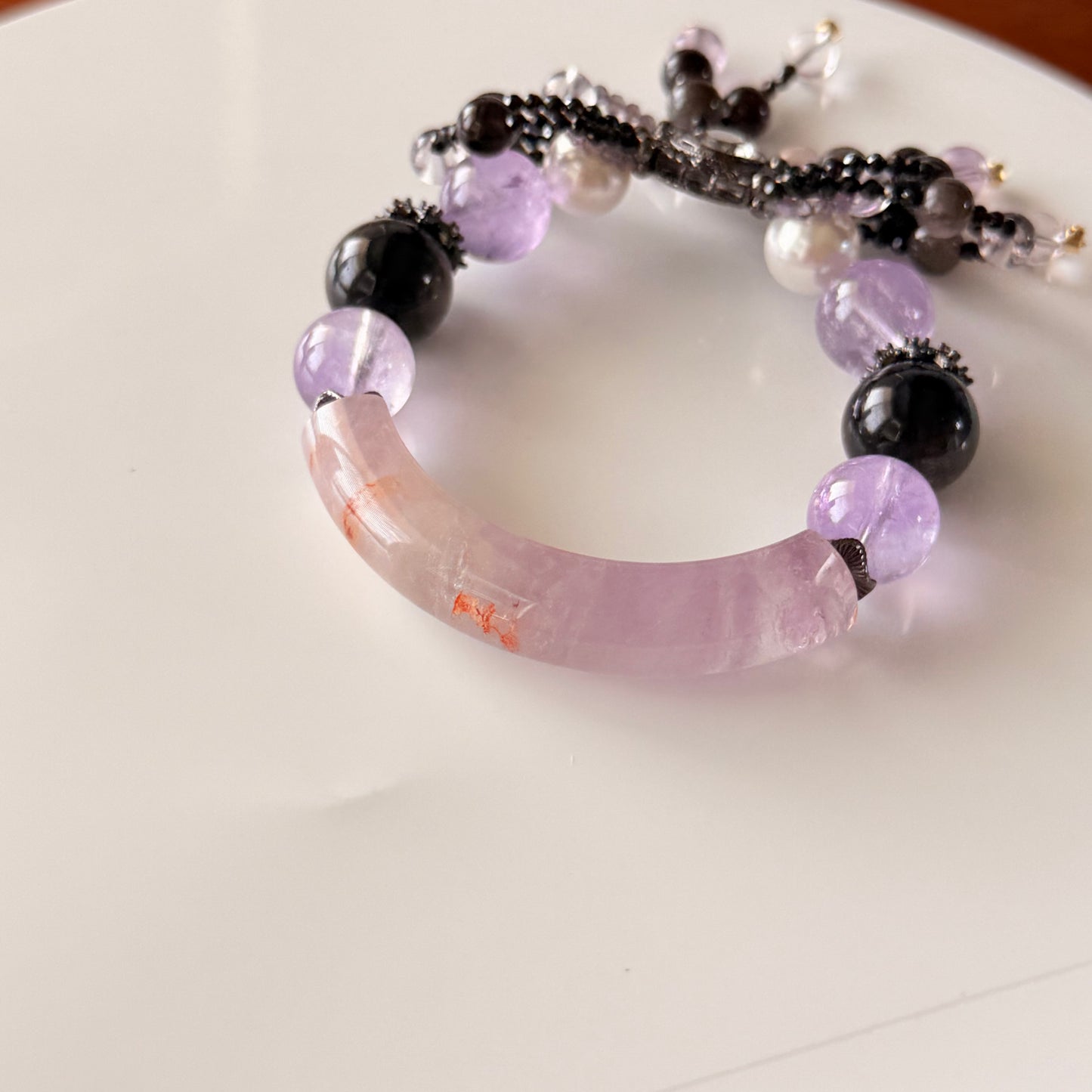 Amethyst, Silver Obsidian & Pearl Bangle 15cm size