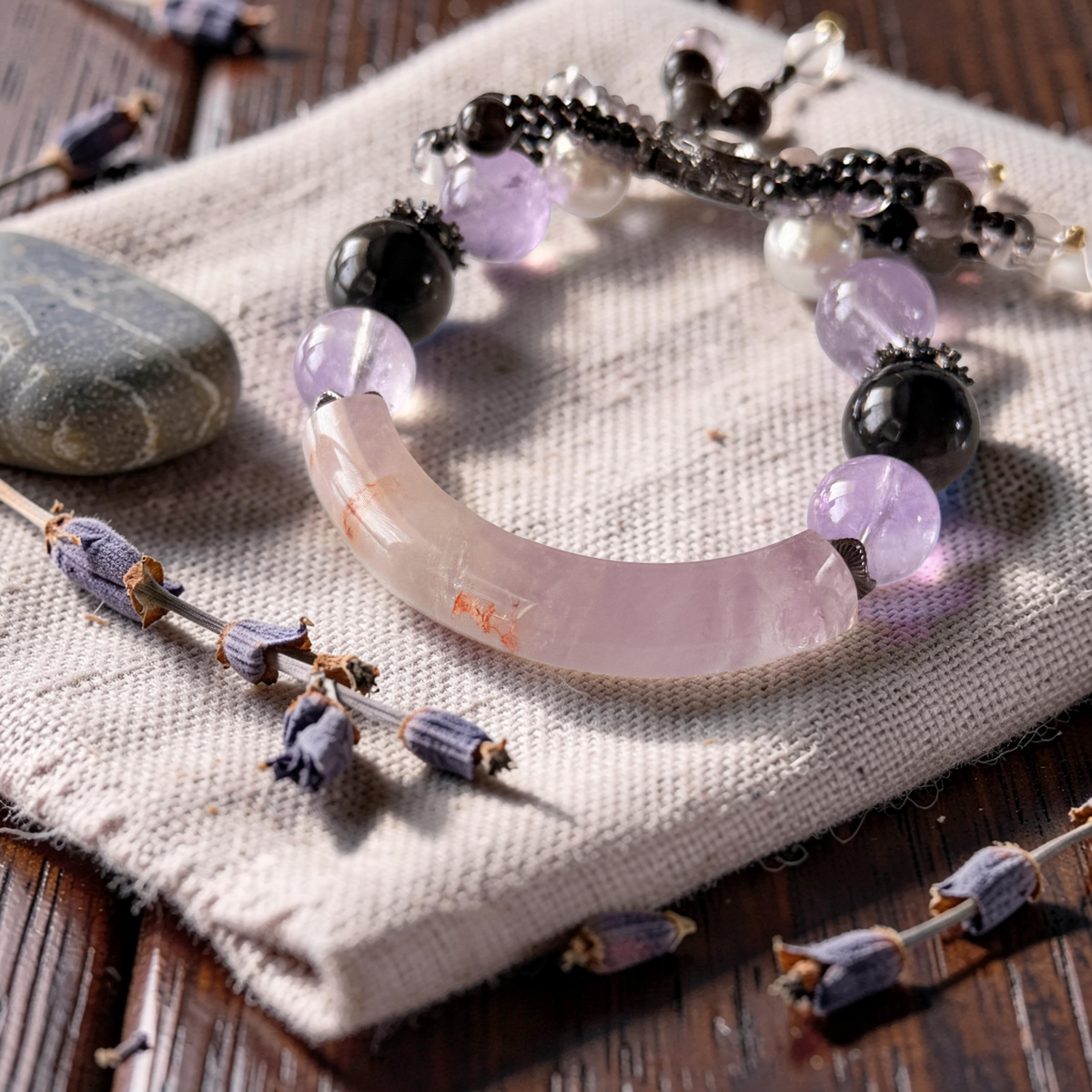 Amethyst, Silver Obsidian & Pearl Bangle 15cm size