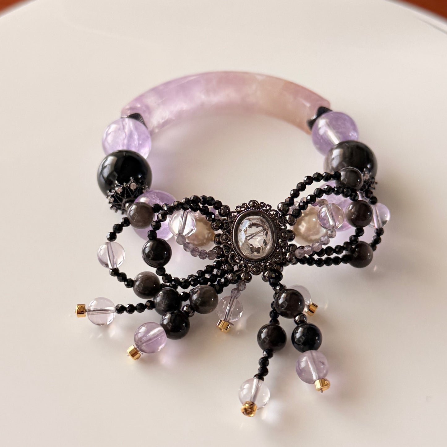 Amethyst, Silver Obsidian & Pearl Bangle 15cm size