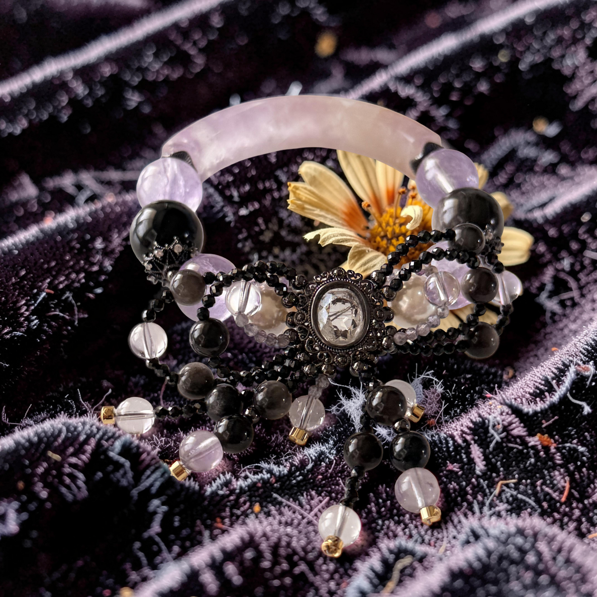 Amethyst, Silver Obsidian & Pearl Bangle 15cm size