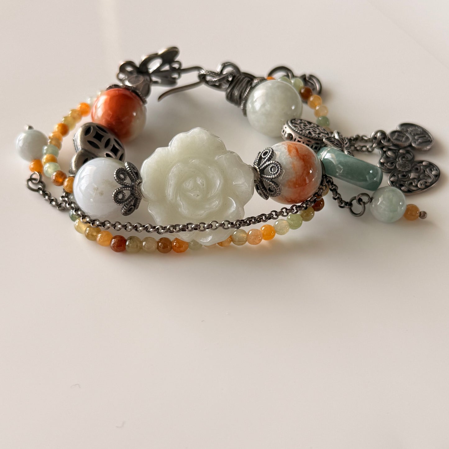 Green & Blue Water Jade Bracelet with Old Silver Accents