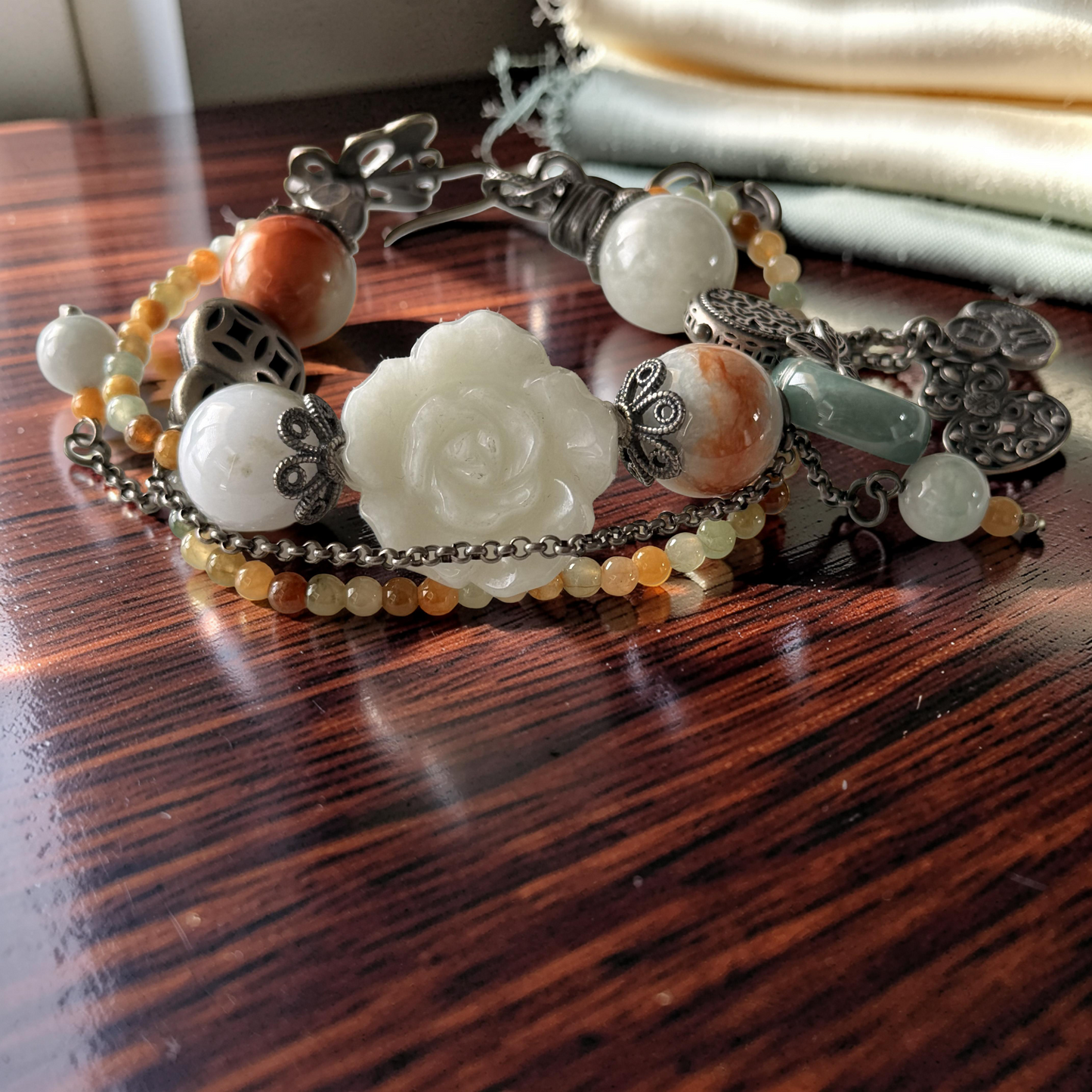 Green & Blue Water Jade Bracelet with Old Silver Accents
