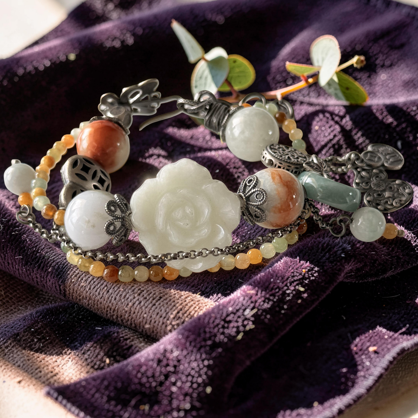Green & Blue Water Jade Bracelet with Old Silver Accents