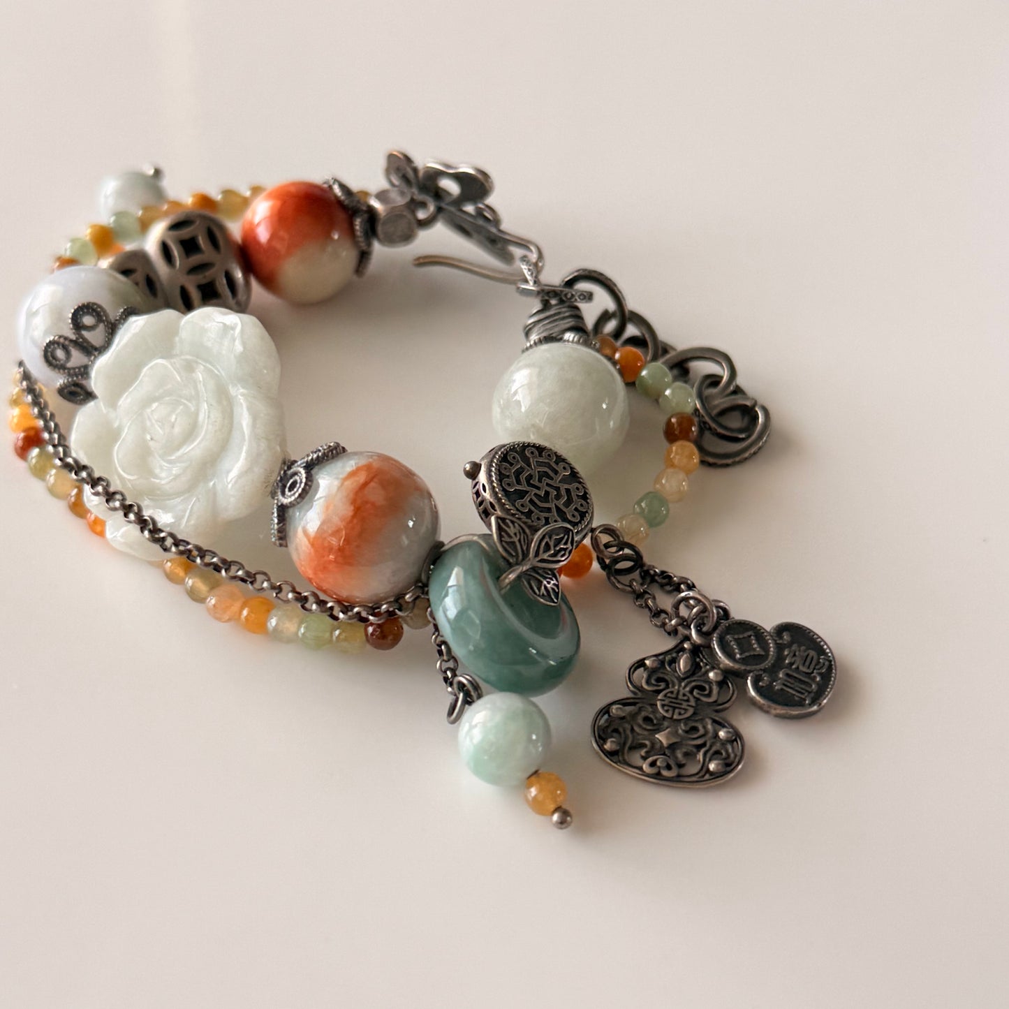 Green & Blue Water Jade Bracelet with Old Silver Accents