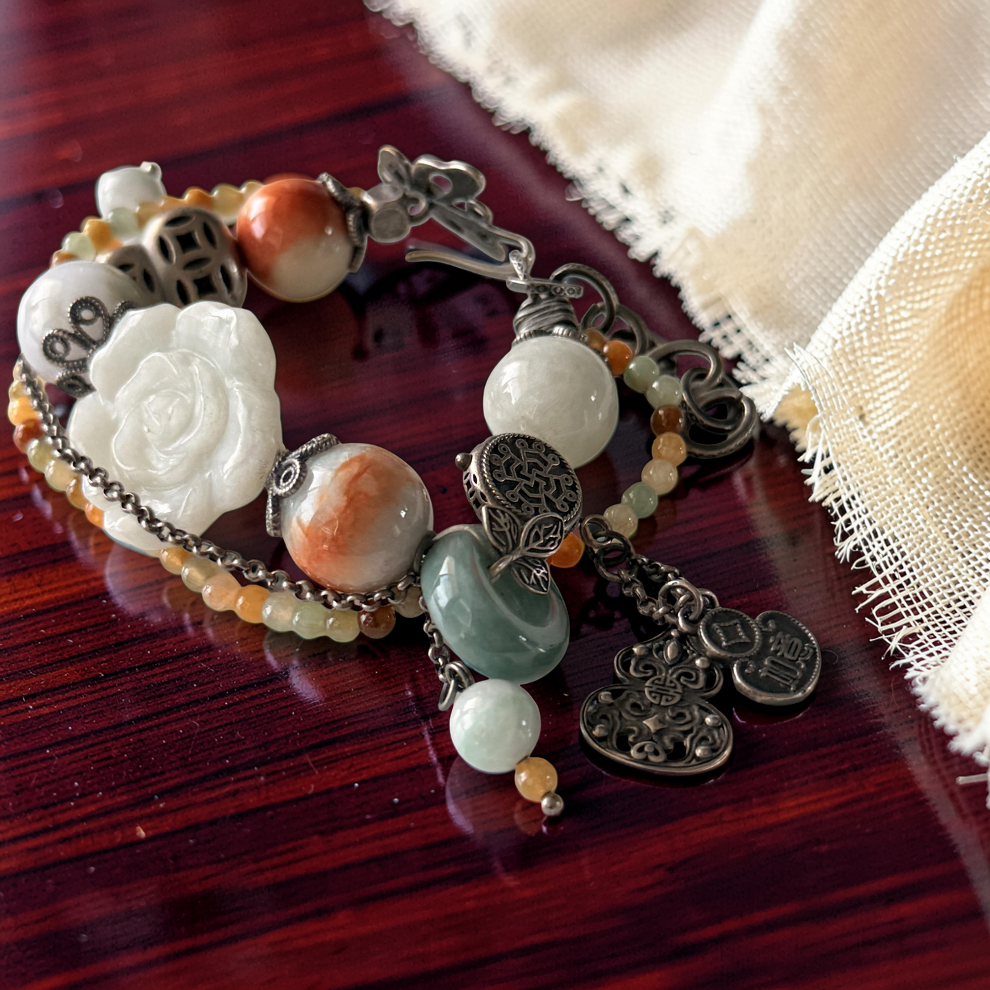 Green & Blue Water Jade Bracelet with Old Silver Accents