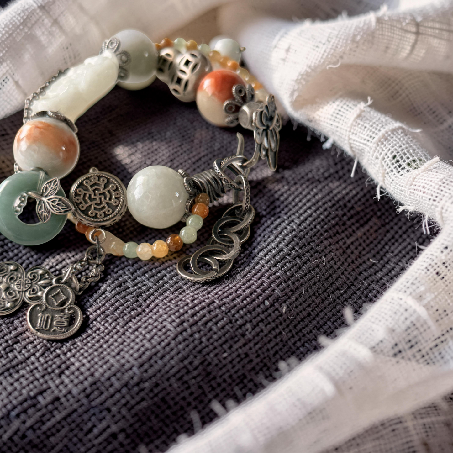 Green & Blue Water Jade Bracelet with Old Silver Accents