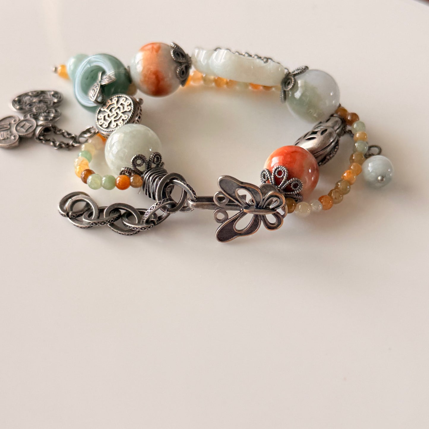 Green & Blue Water Jade Bracelet with Old Silver Accents