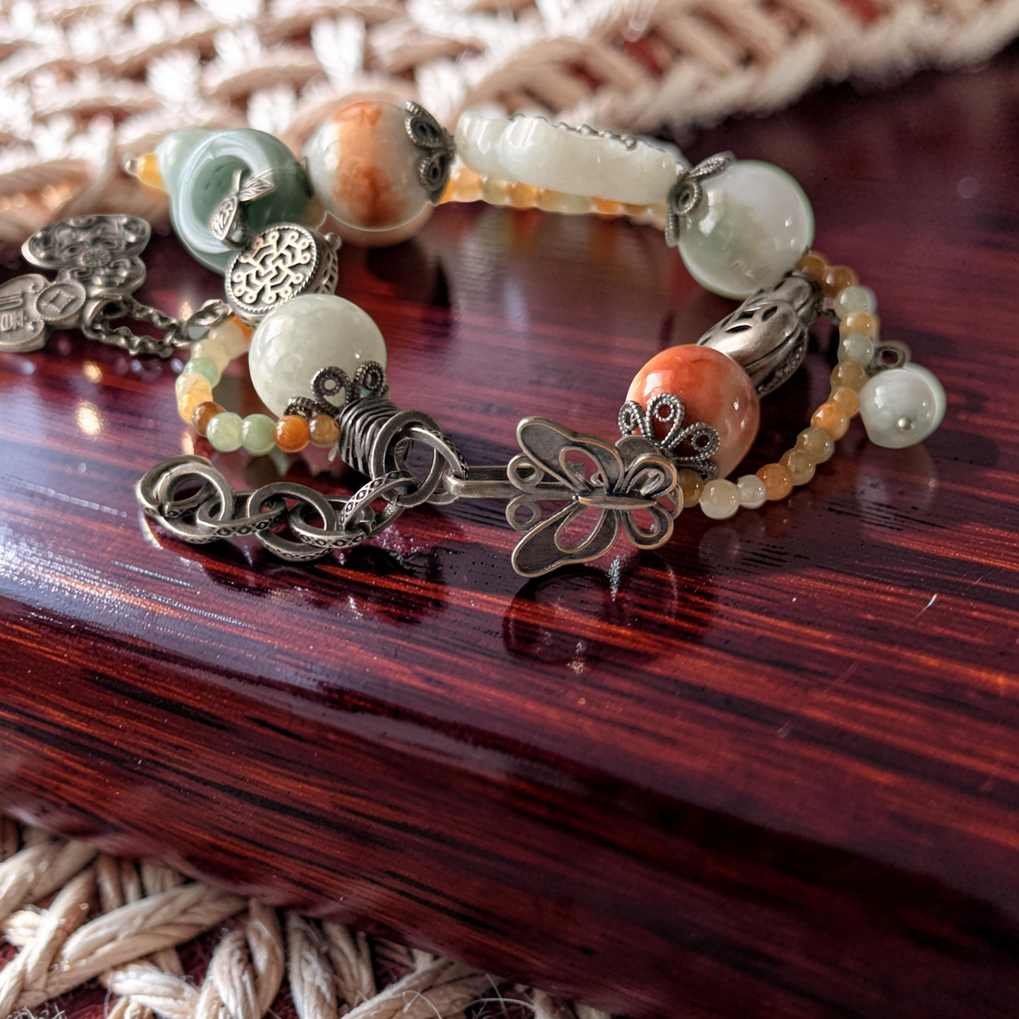 Green & Blue Water Jade Bracelet with Old Silver Accents