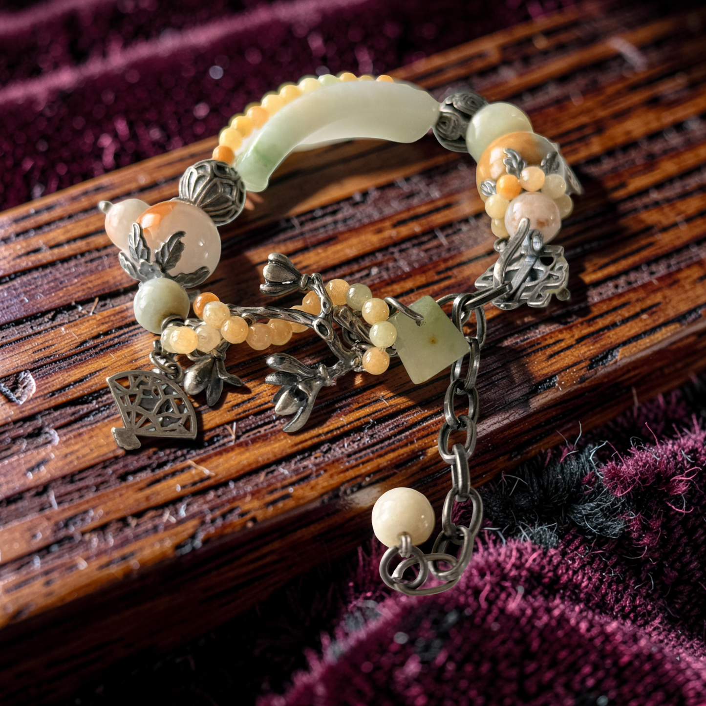 Hand Carved Green Water Jade & Agate Bracelet with Old Silver Flower Accents