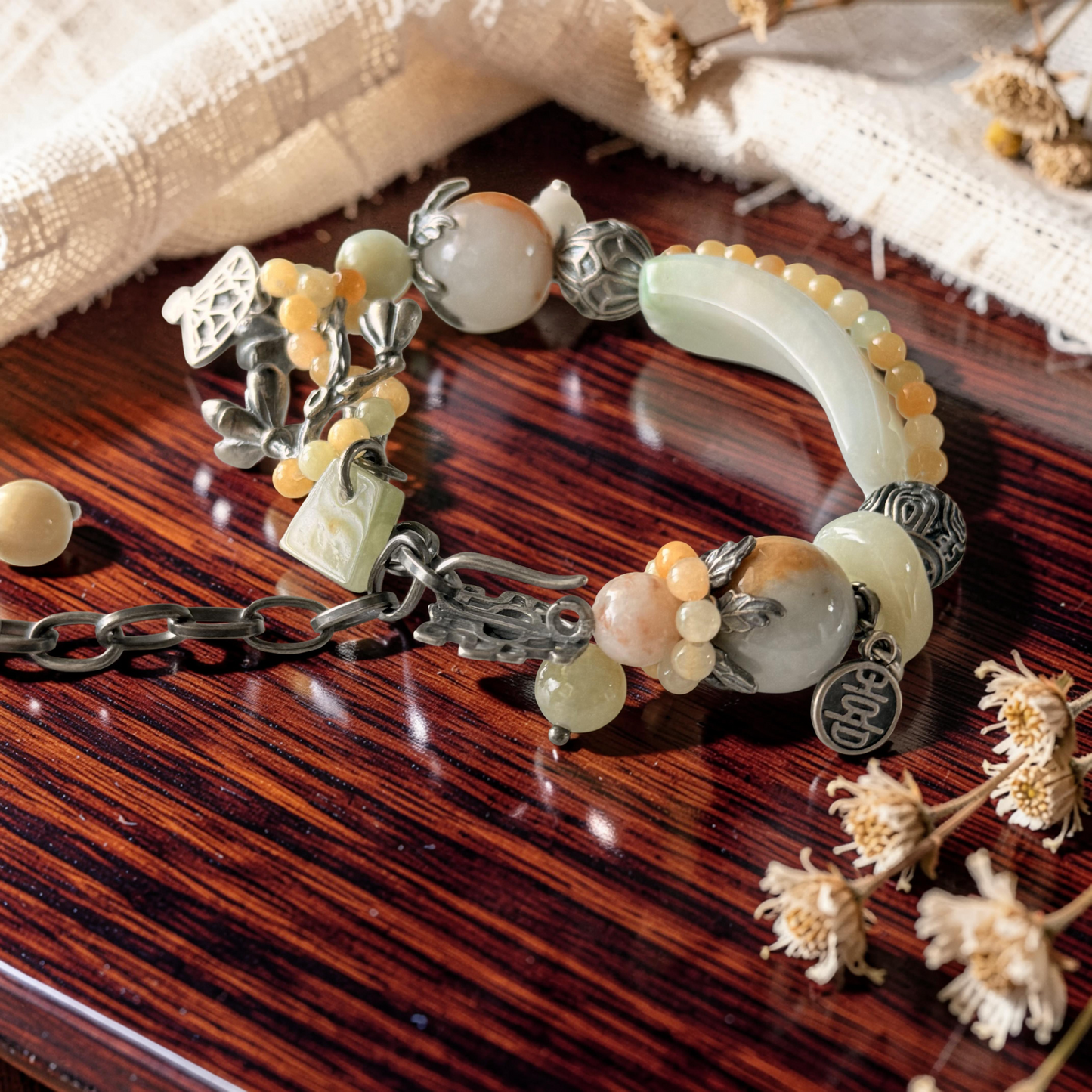 Hand Carved Green Water Jade & Agate Bracelet with Old Silver Flower Accents