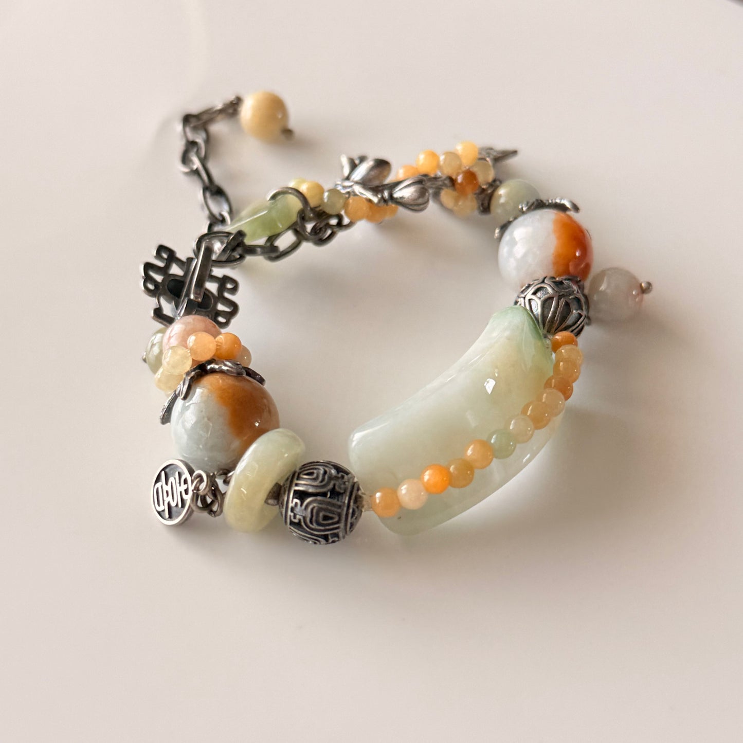 Hand Carved Green Water Jade & Agate Bracelet with Old Silver Flower Accents
