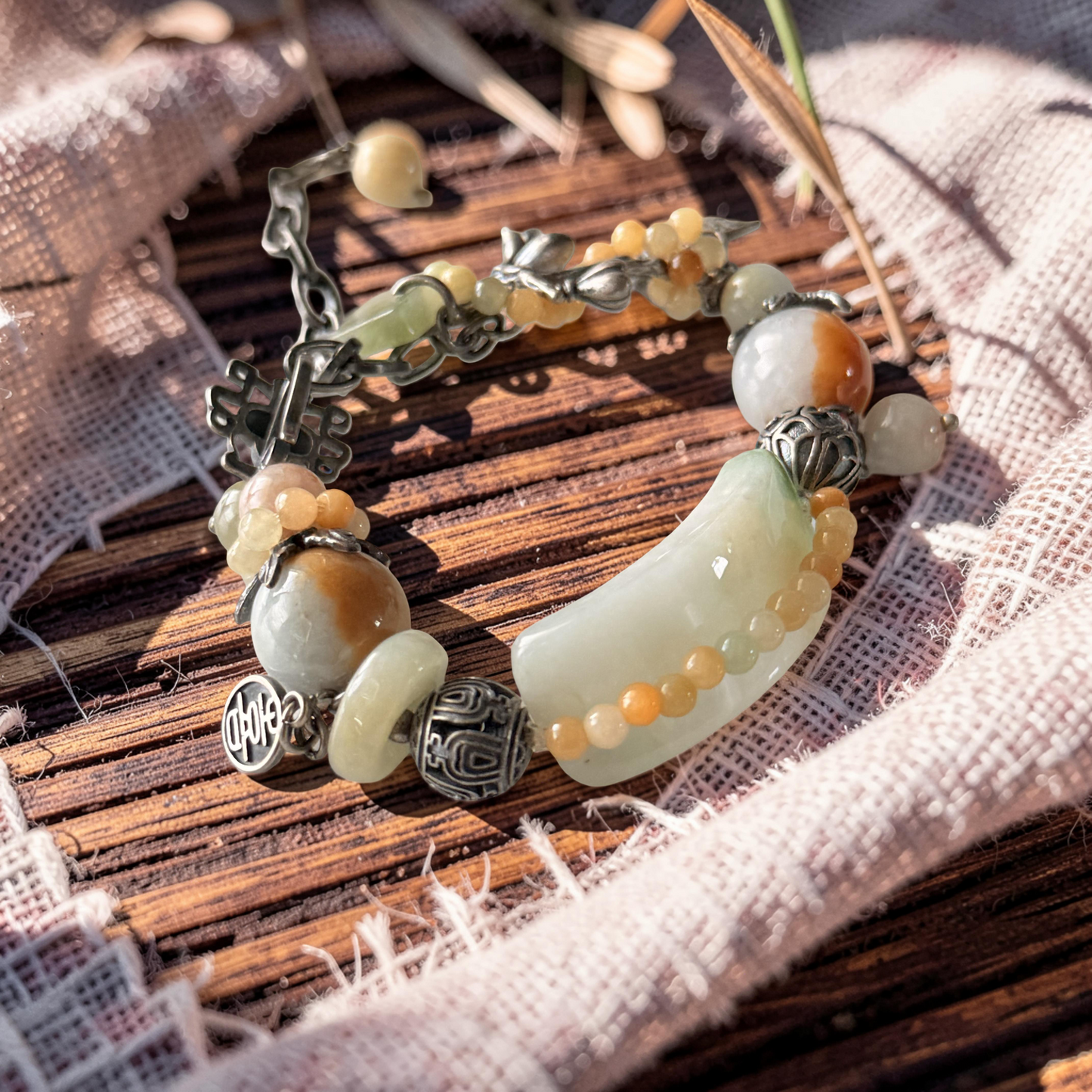 Hand Carved Green Water Jade & Agate Bracelet with Old Silver Flower Accents