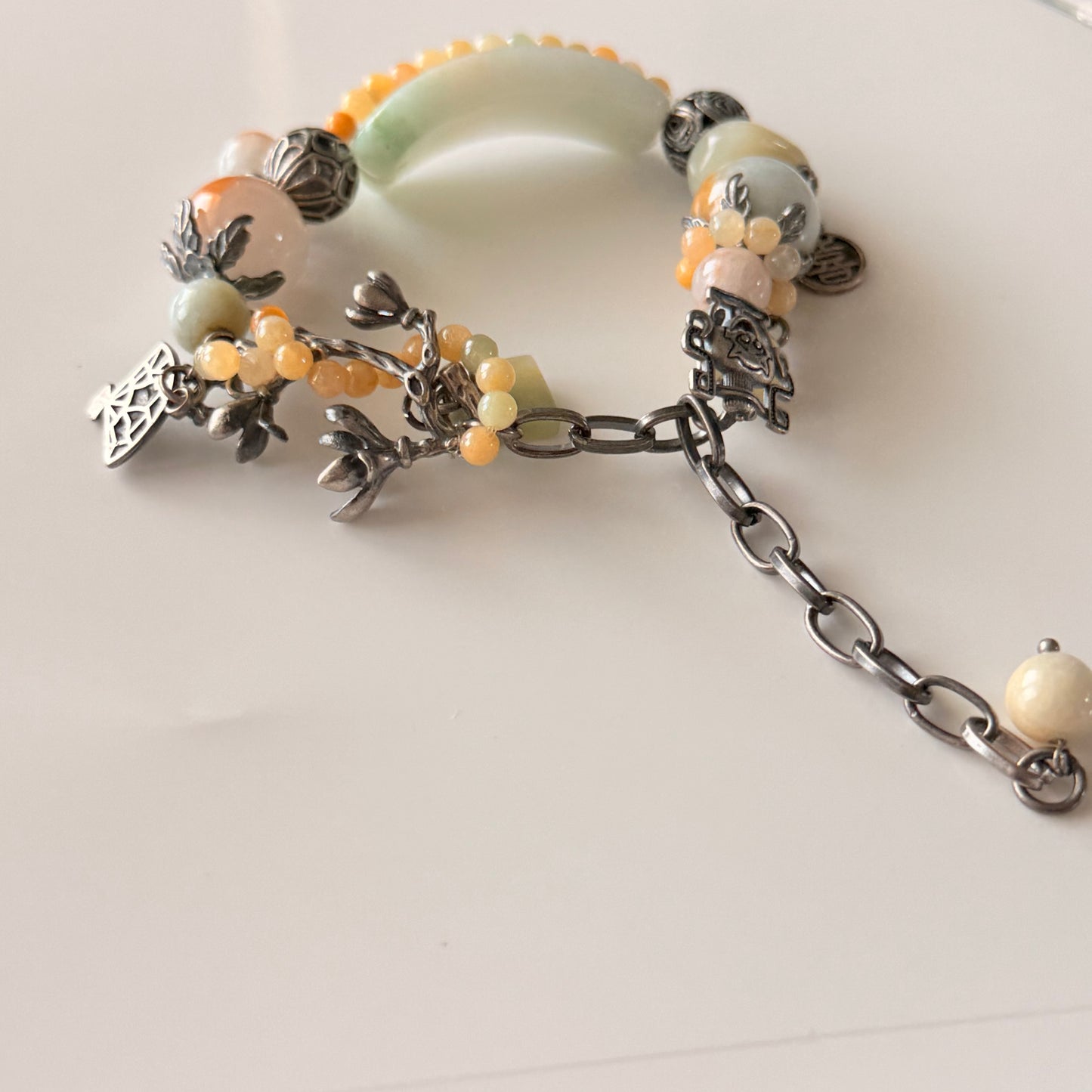 Hand Carved Green Water Jade & Agate Bracelet with Old Silver Flower Accents