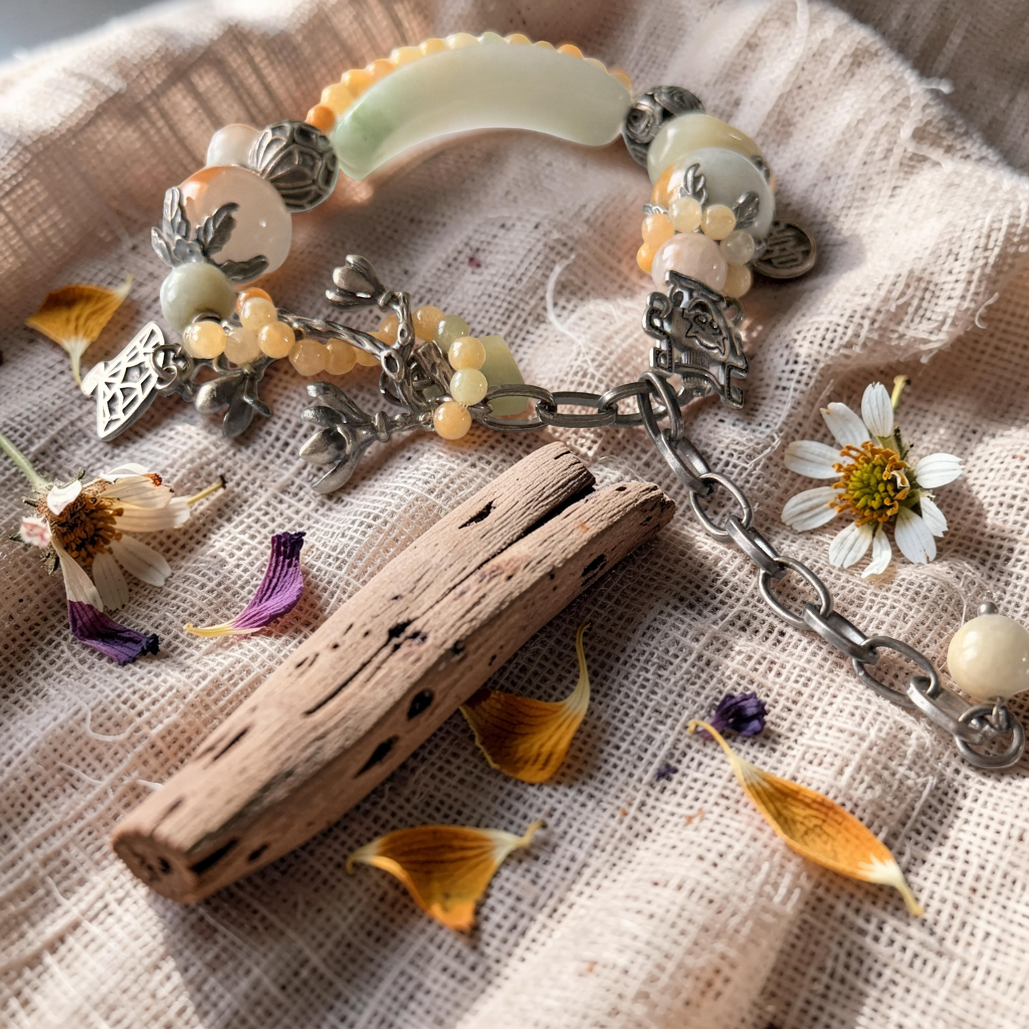 Hand Carved Green Water Jade & Agate Bracelet with Old Silver Flower Accents