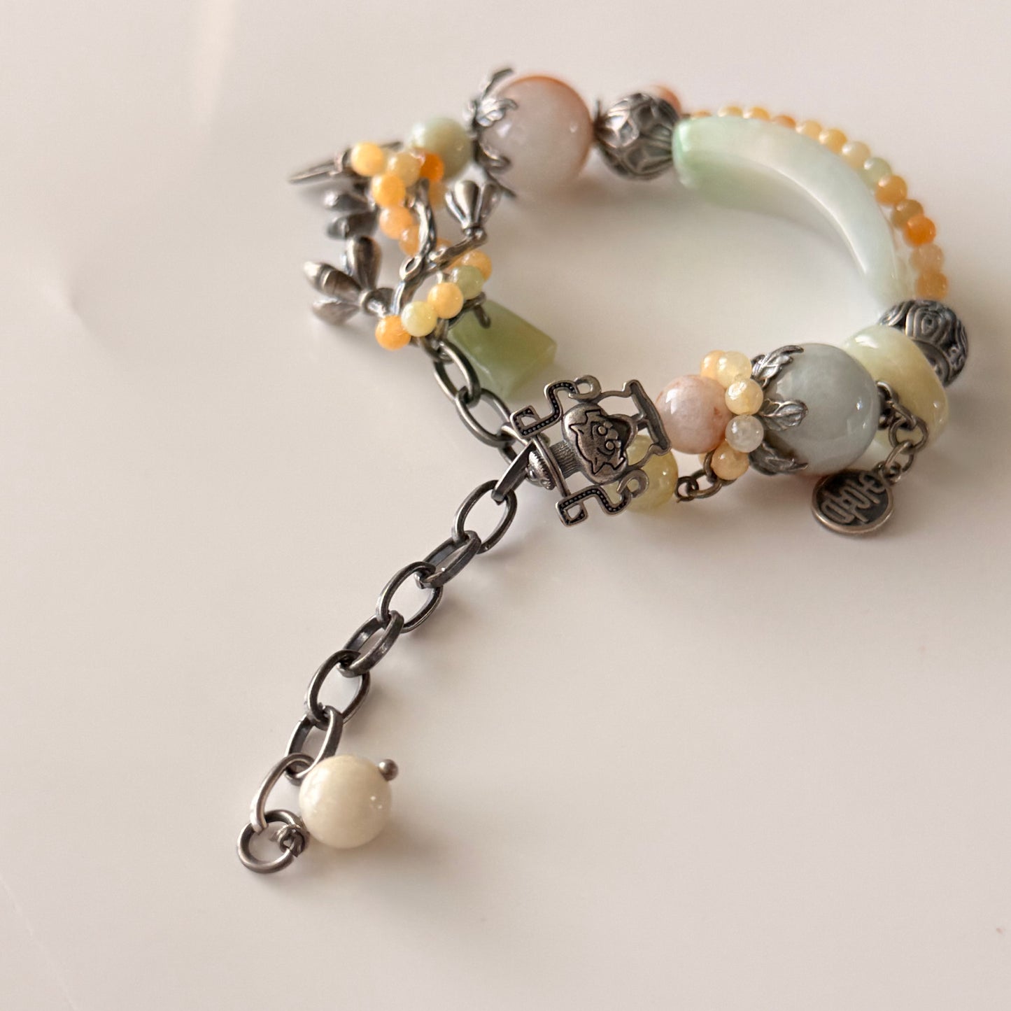 Hand Carved Green Water Jade & Agate Bracelet with Old Silver Flower Accents