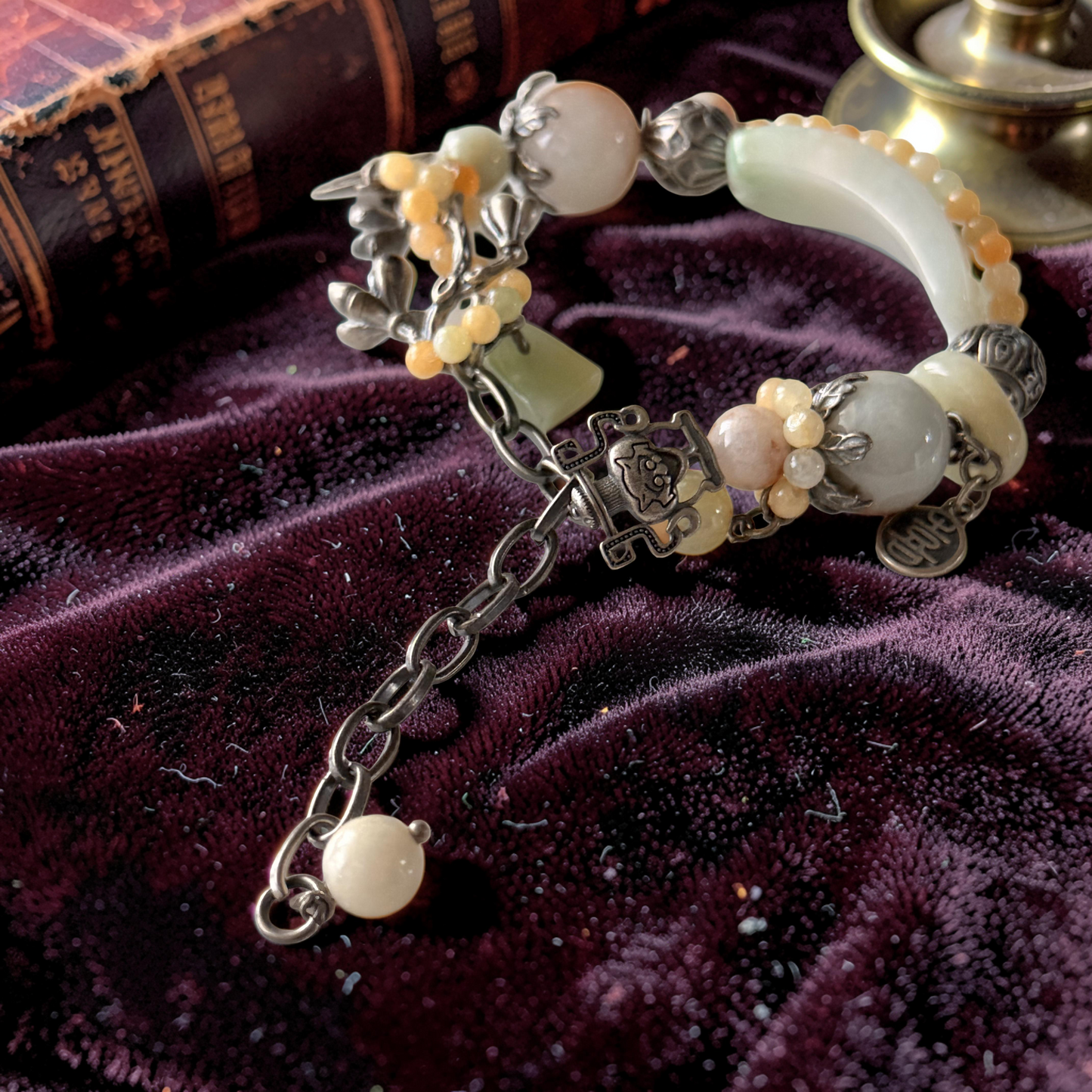 Hand Carved Green Water Jade & Agate Bracelet with Old Silver Flower Accents