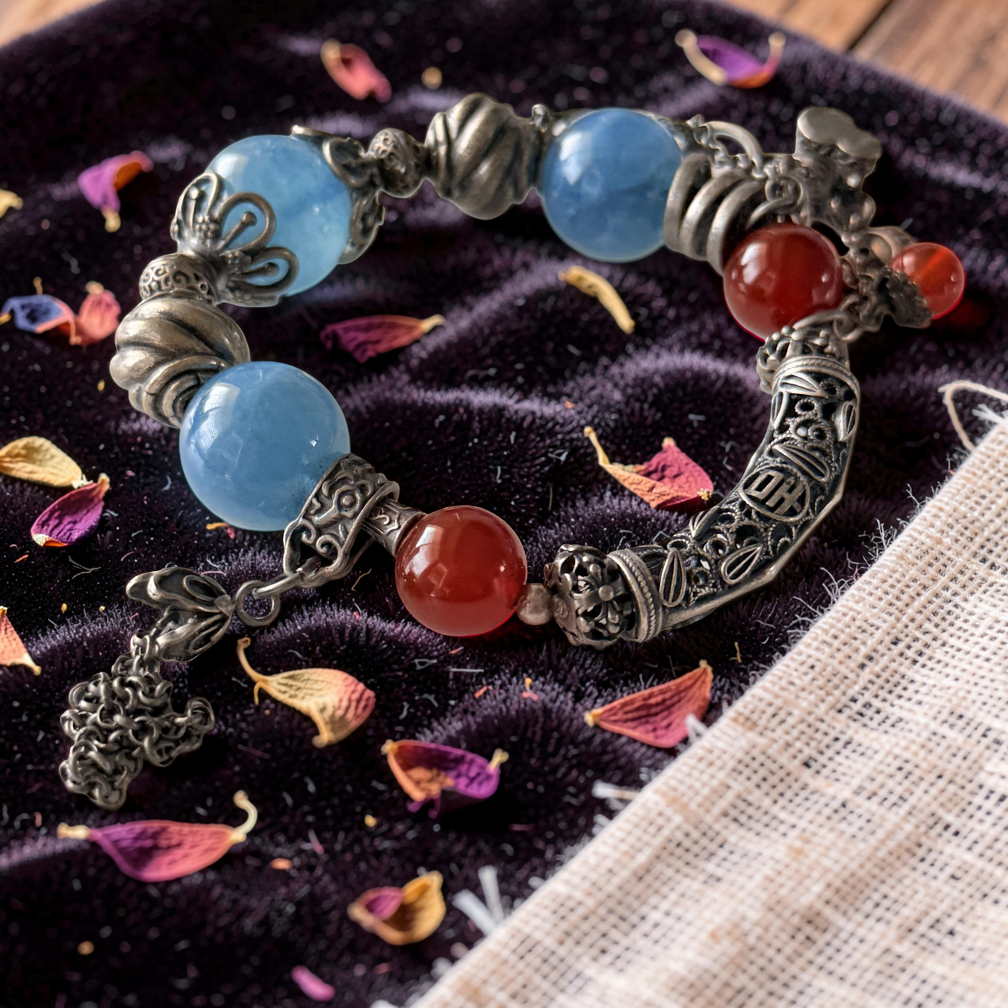 AAA Aquamarine & Red Carnelian Bangle with Old Silver Accents