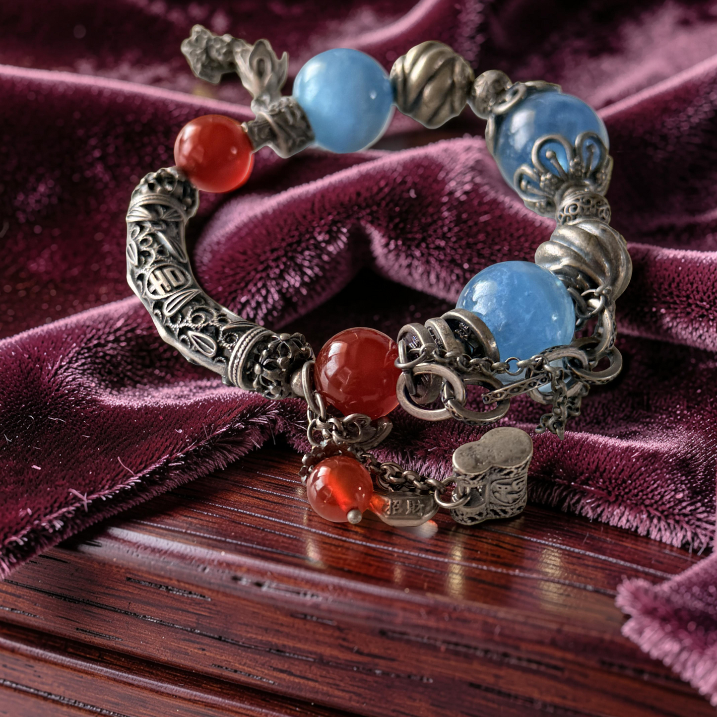 AAA Aquamarine & Red Carnelian Bangle with Old Silver Accents