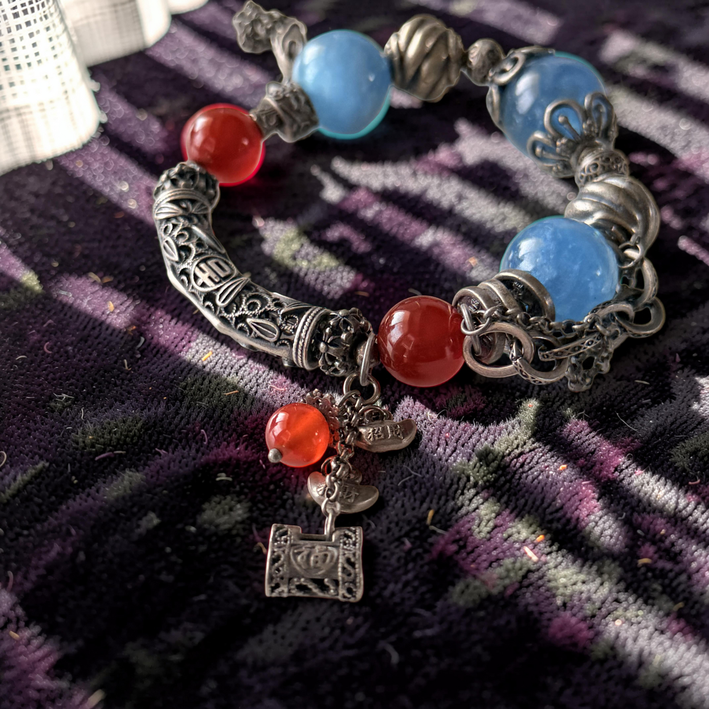 AAA Aquamarine & Red Carnelian Bangle with Old Silver Accents
