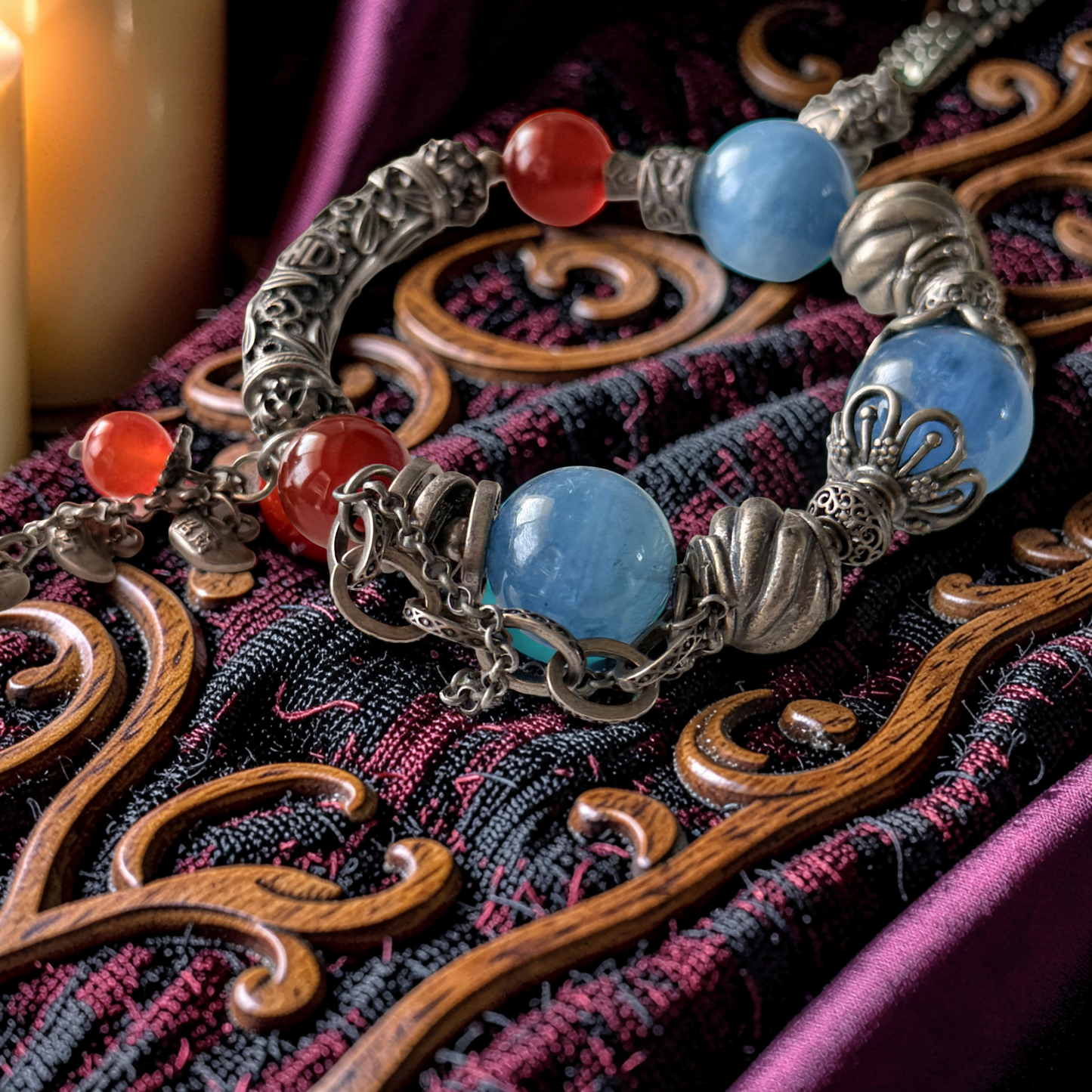 AAA Aquamarine & Red Carnelian Bangle with Old Silver Accents