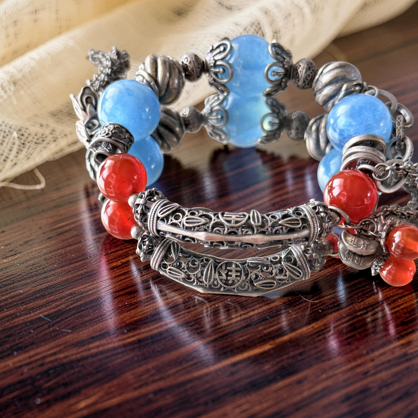 AAA Aquamarine & Red Carnelian Bangle with Old Silver Accents