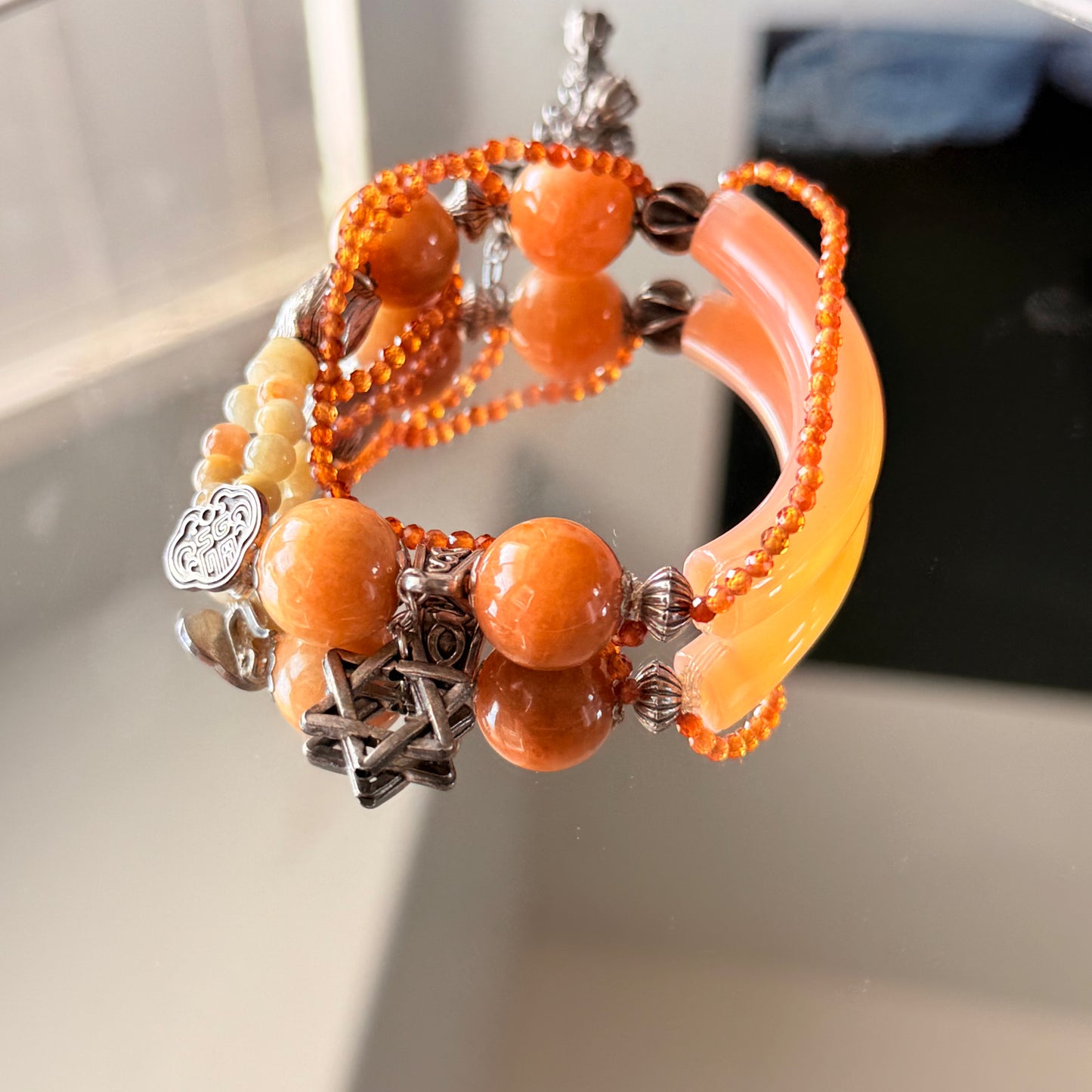 Peach Agate & Crystal Charm Bracelet Set