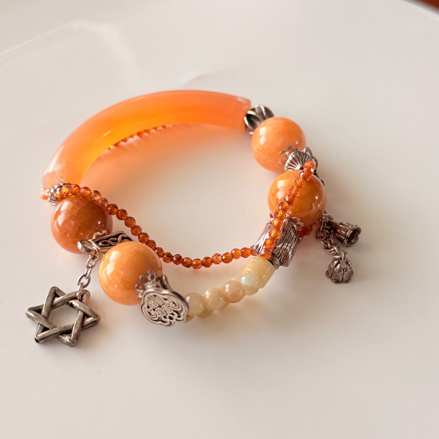 Peach Agate & Crystal Charm Bracelet Set