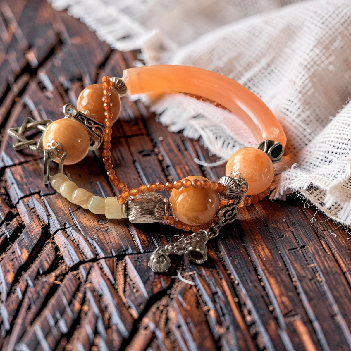 Peach Agate & Crystal Charm Bracelet Set