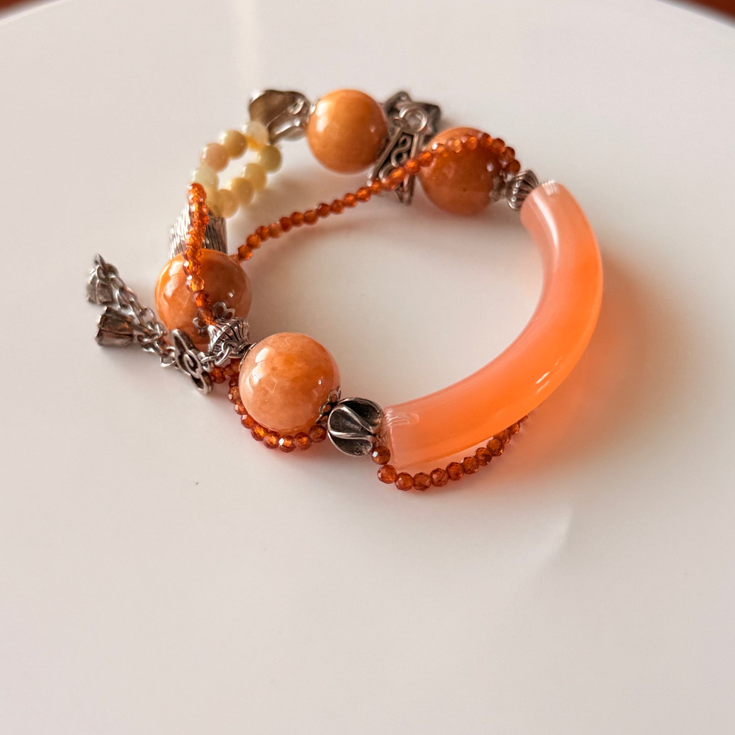 Peach Agate & Crystal Charm Bracelet Set