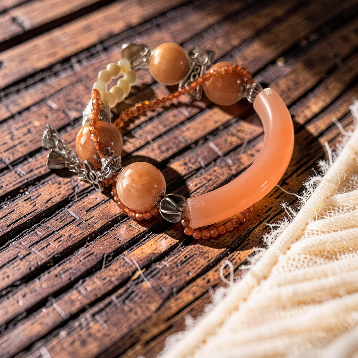 Peach Agate & Crystal Charm Bracelet Set