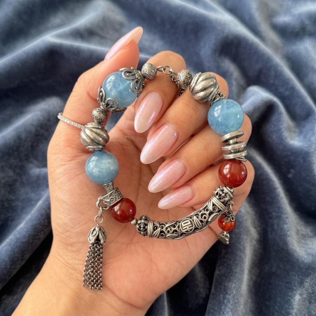 AAA Aquamarine & Red Carnelian Bangle with Old Silver Accents